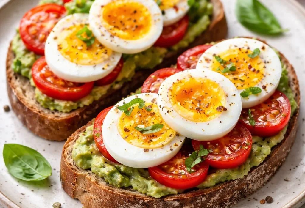avocado toast with boiled eggs, tomatoes, and basil for healthy breakfast