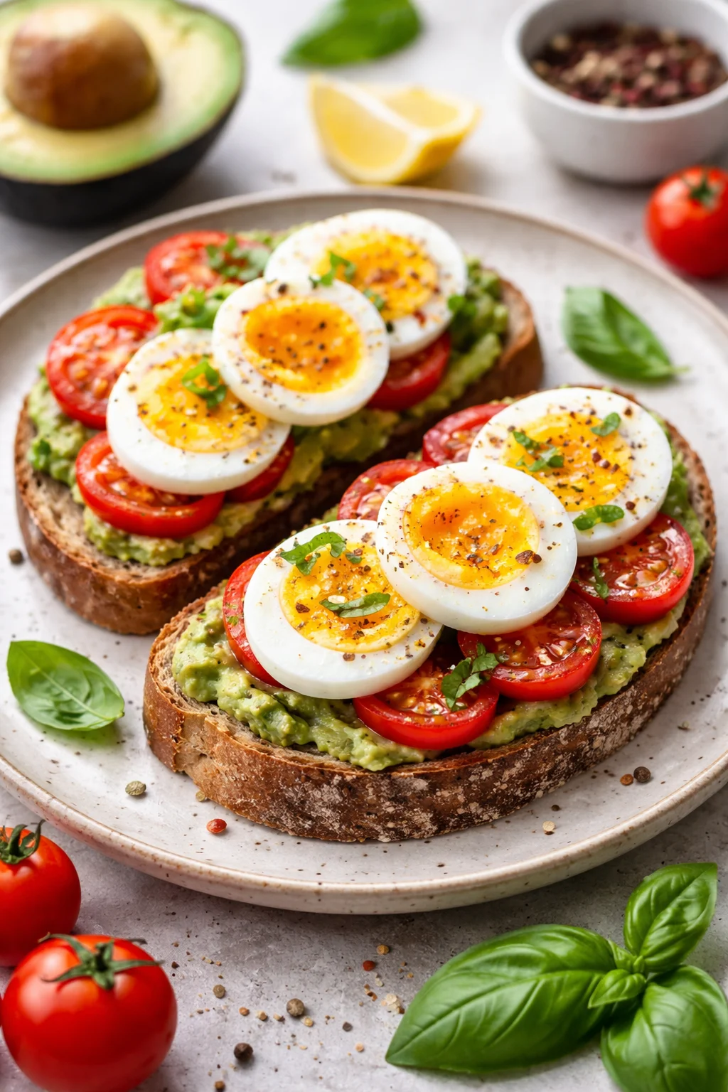 avocado toast with boiled eggs, tomatoes, and basil for healthy breakfast