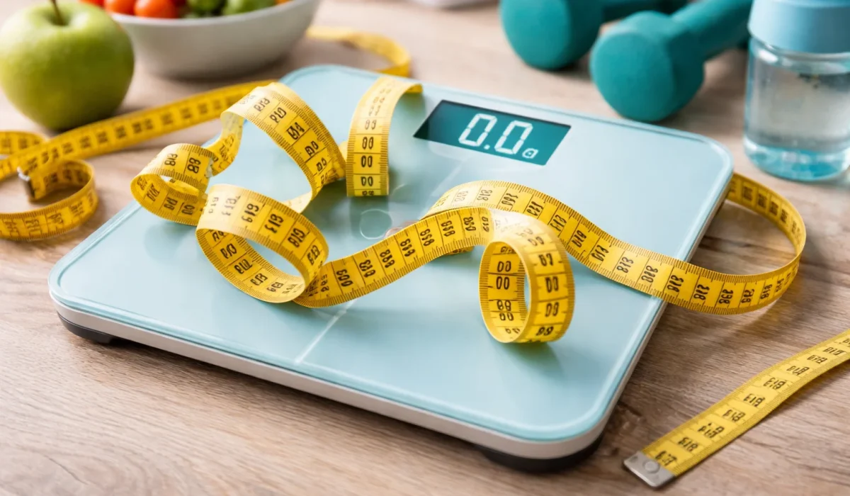 fitness scale with measurement tape for weight loss and health goals