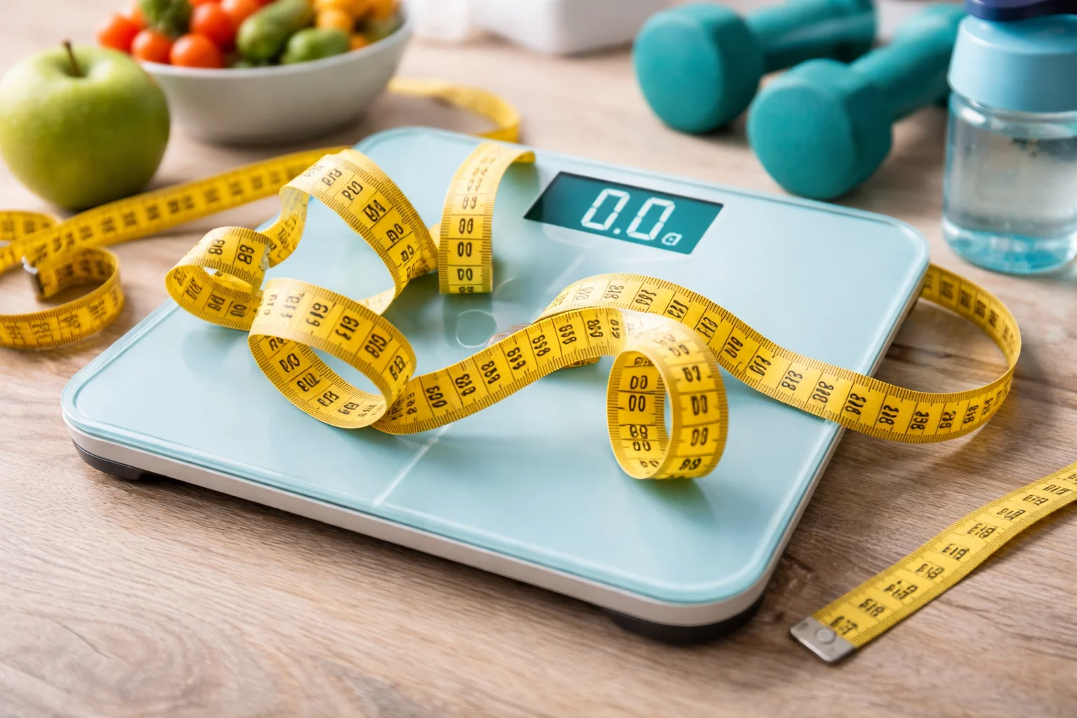 fitness scale with measurement tape for weight loss and health goals