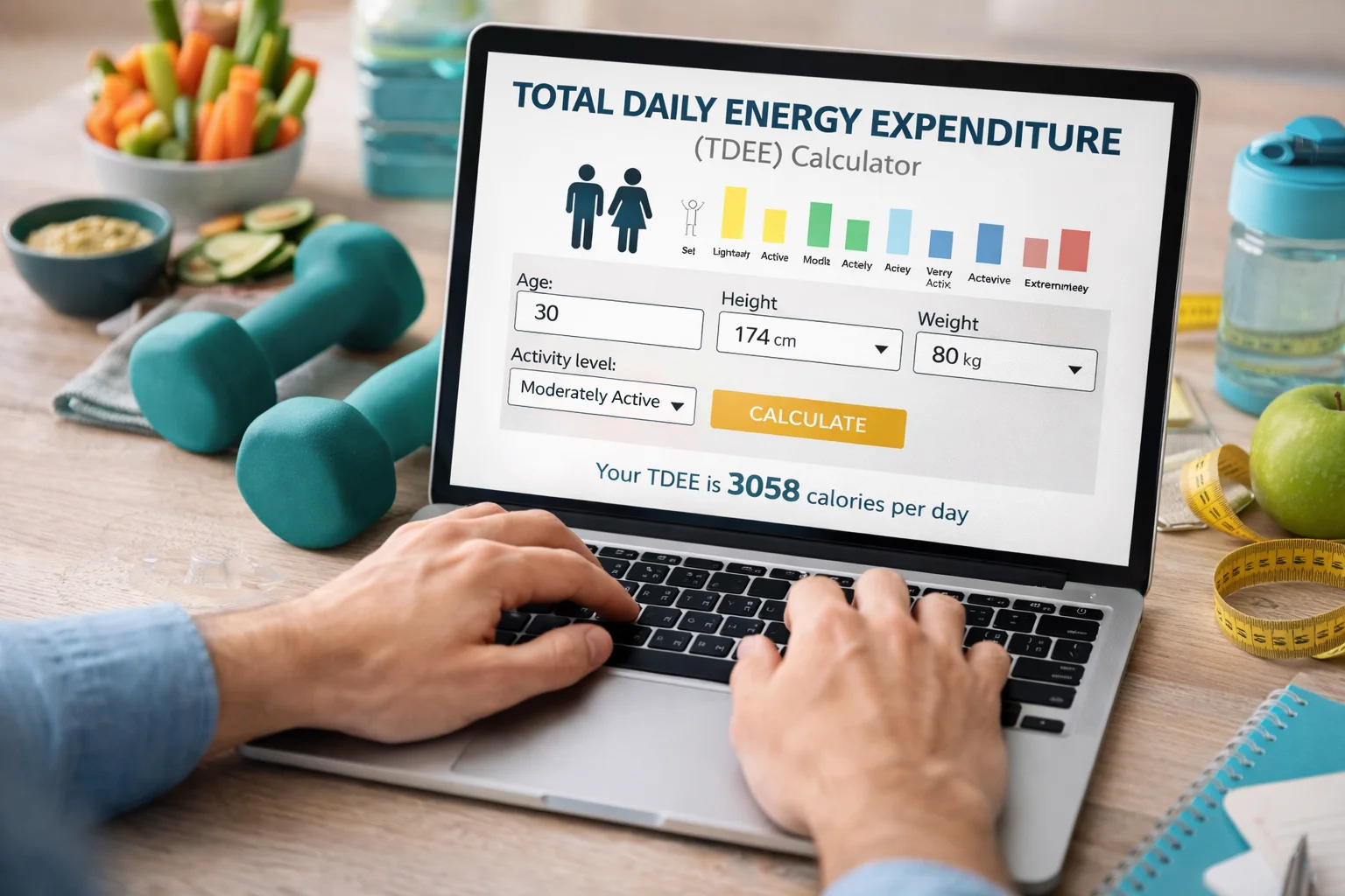 total daily energy expenditure (TDEE) calculator on laptop for fitness and health
