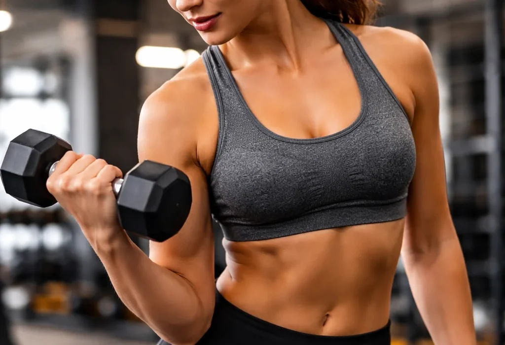 woman lifting dumbbells in gym for strength and fitness training