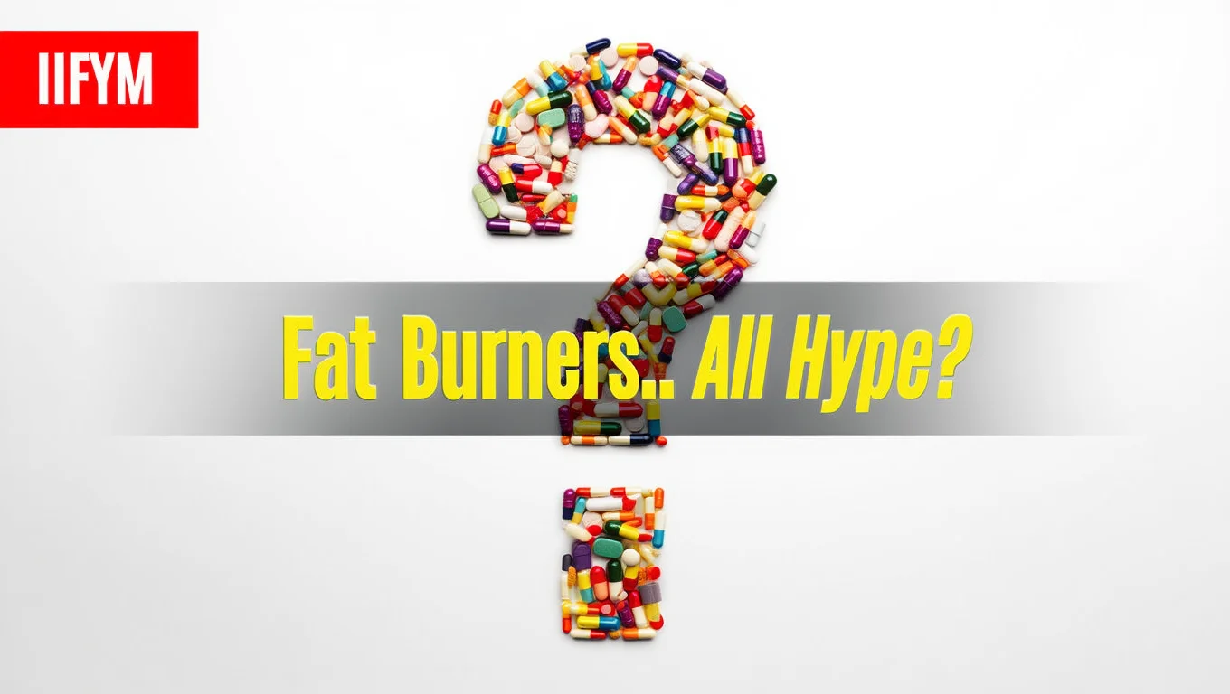 A white background featuring a large question mark made entirely of colorful supplement capsules and pills. A grey horizontal banner across the middle contains the yellow text "Fat Burners.. All Hype?" with the IIFYM logo in the top left corner.