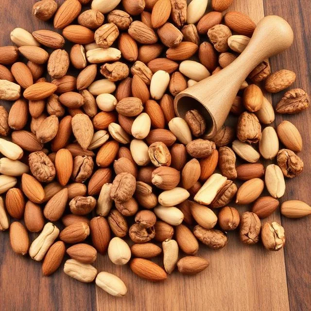 A top-down view of a variety of raw nuts, including almonds and peanuts, scattered on a wooden surface with a small wooden scoop.
