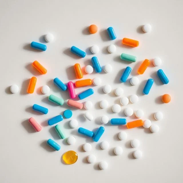 A top-down view of various colorful supplement capsules and white tablets, including blue, orange, and pink pills, scattered on a plain white surface.