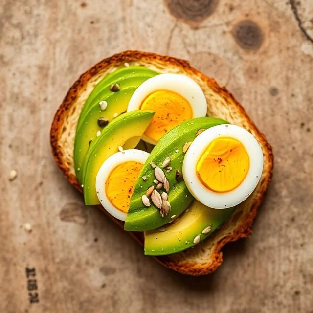 A top-down view of a slice of toasted artisanal bread topped with perfectly sliced green avocado, three soft-boiled egg halves, and a sprinkle of seeds and black pepper.