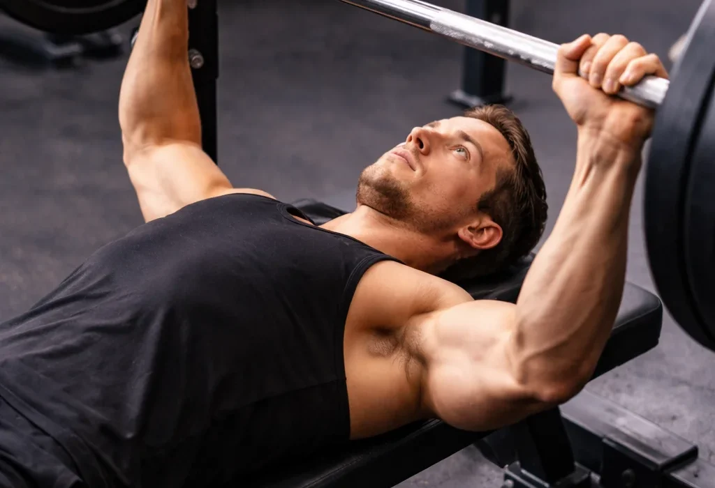 man performing bench press with barbell for strength training