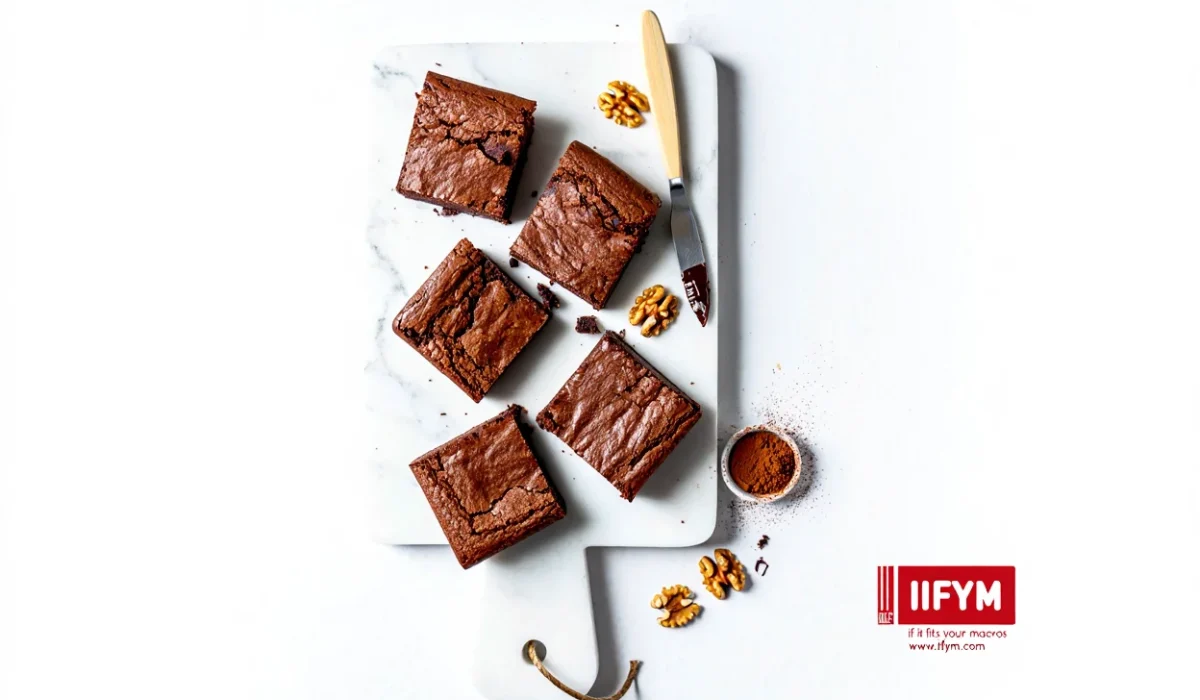 A top-down view of five square chocolate brownies on a white marble serving board with scattered walnuts, a small bowl of cocoa powder, and a spreading knife, featuring the IIFYM logo and website URL.