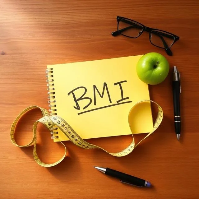 A top-down view of a wooden desk featuring a yellow notepad with "BMI" handwritten in black ink, surrounded by a yellow measuring tape, a green apple, black-rimmed glasses, and two pens.