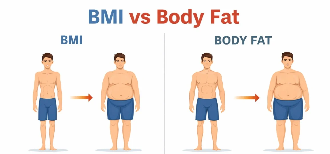 BMI vs body fat comparison showing two body types