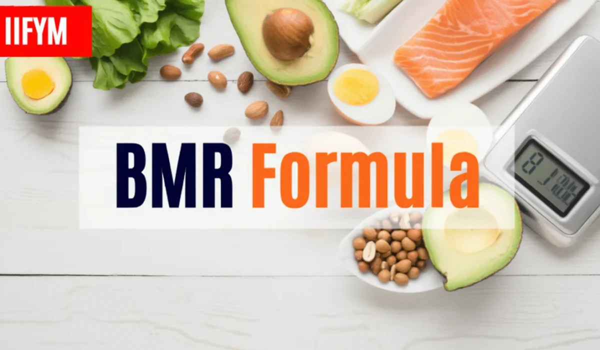 A top-down view of healthy food items including salmon, avocado, eggs, and nuts on a white wooden surface next to a digital kitchen scale. A central white banner displays the text "BMR Formula" in navy blue and orange, with the IIFYM logo in the top left corner.