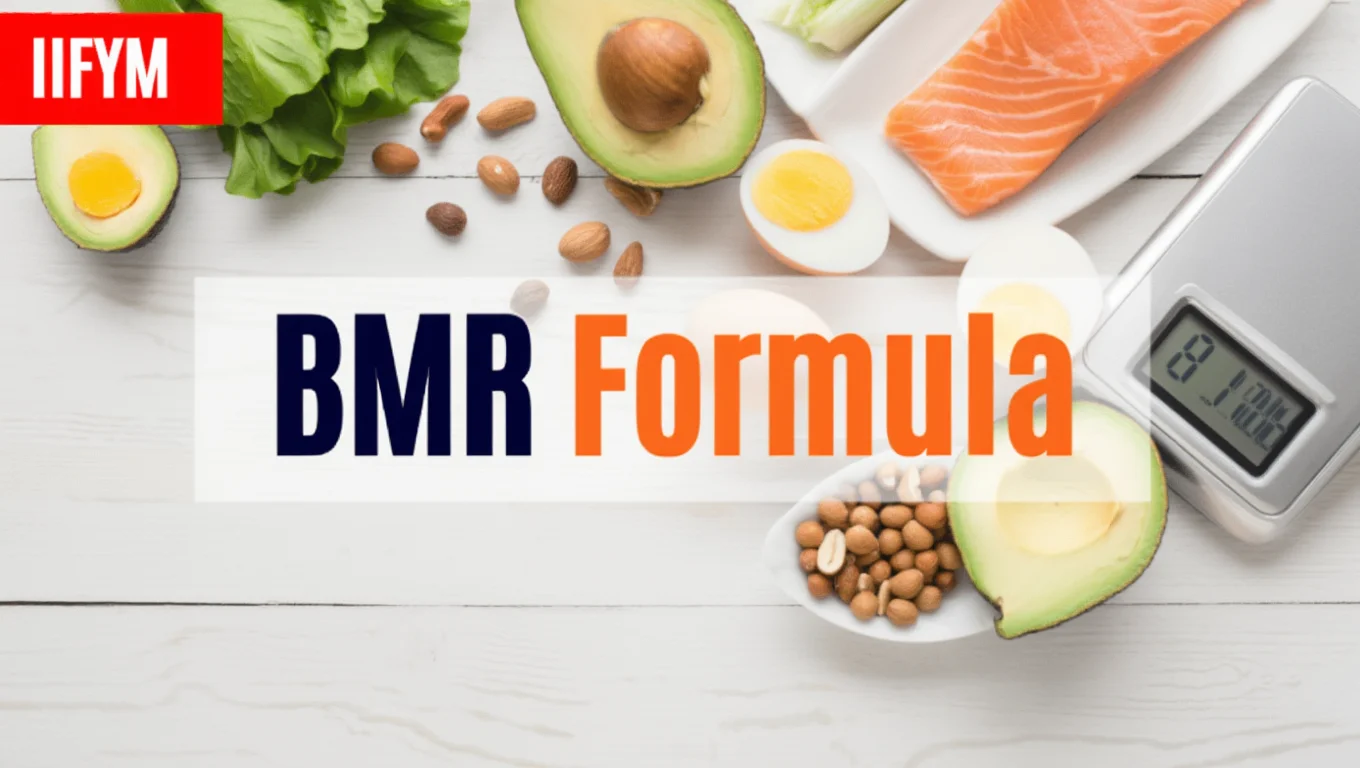 A top-down view of healthy food items including salmon, avocado, eggs, and nuts on a white wooden surface next to a digital kitchen scale. A central white banner displays the text "BMR Formula" in navy blue and orange, with the IIFYM logo in the top left corner.
