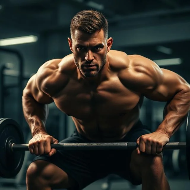 A highly muscular man in a gym performing a bent-over barbell row, focusing on back and arm muscle contraction with an intense expression.