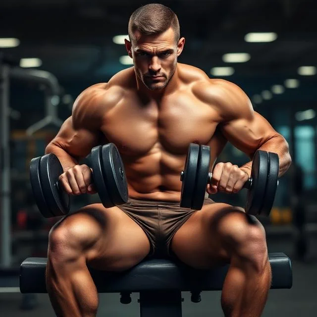 A muscular male athlete sitting on a gym bench, holding two heavy dumbbells on his laps while preparing for a shoulder or chest press exercise.