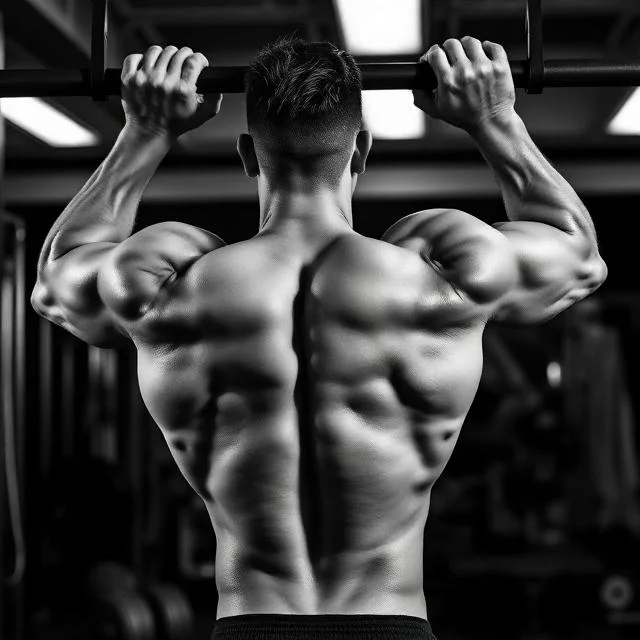 : bodybuilder-pull-up-back-muscle-workout.26-3-2026 Alt Text: A black and white back view of a muscular male athlete performing a pull-up on a bar, showing intense definition in the lats, shoulders, and traps.