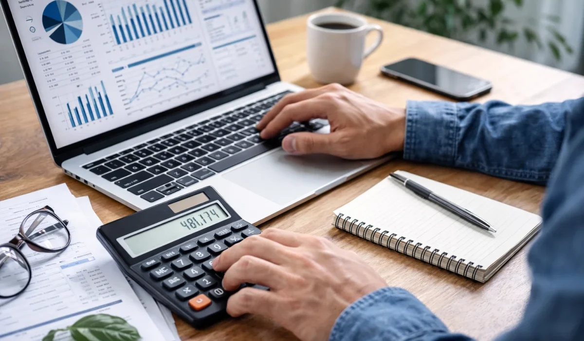 business analysis with graphs, laptop, calculator, and notepad