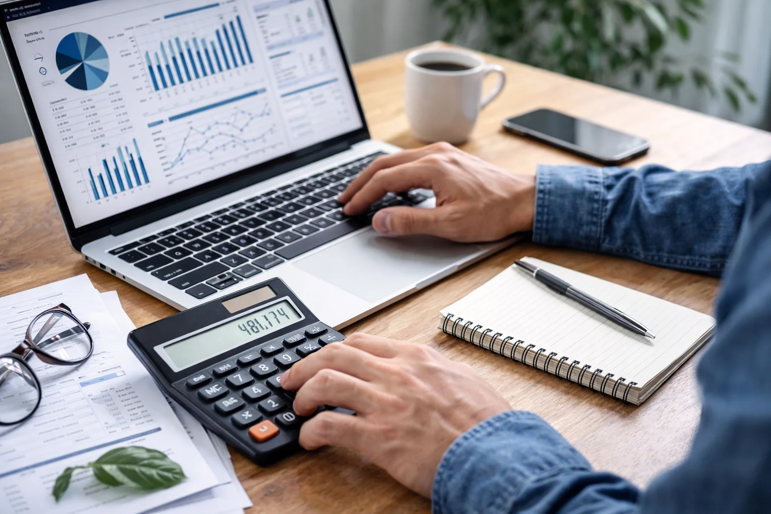 business analysis with graphs, laptop, calculator, and notepad