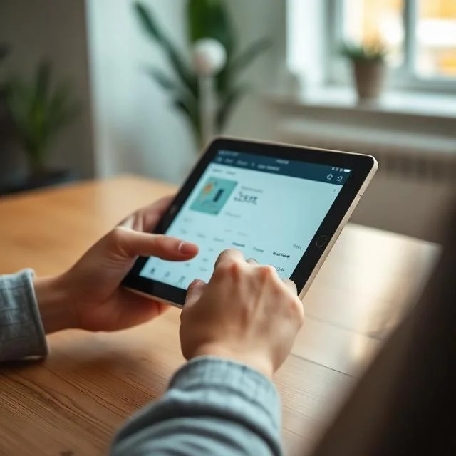 A close-up of a person's hands using a tablet to navigate a health and fitness tracking application on a wooden table in a brightly lit room.
