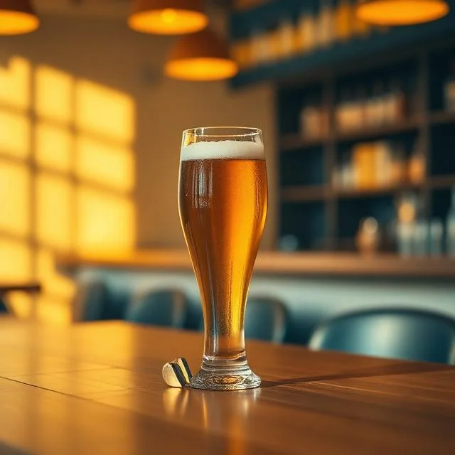 A tall, chilled glass of amber beer with a frothy head sitting on a wooden bar counter in a modern, warmly lit tavern.