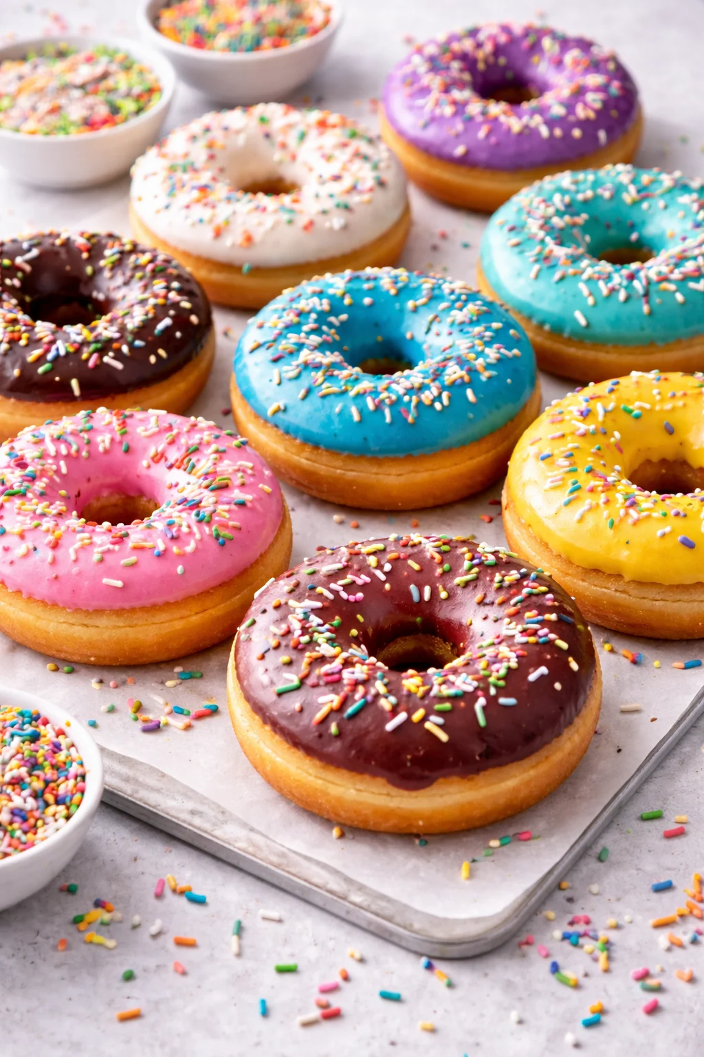colorful donuts with frosting and sprinkles