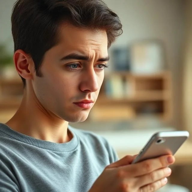 A young man looking at his smartphone with a concerned and focused expression while sitting in a brightly lit indoor room.