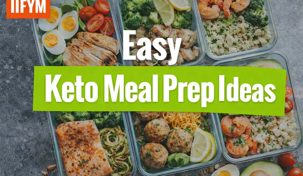 A top-down view of a keto-friendly meal bowl containing zoodles, avocado, tomatoes, greens, and shredded carrots on a rustic wooden table. A bright green banner in the center reads "Easy Keto Meal Prep Ideas" with the red IIFYM logo in the top left corner.