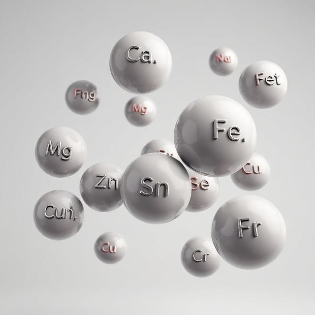A 3D render of white spheres floating in a cluster, each labeled with chemical symbols for minerals like Fe, Ca, Mg, and Zn.