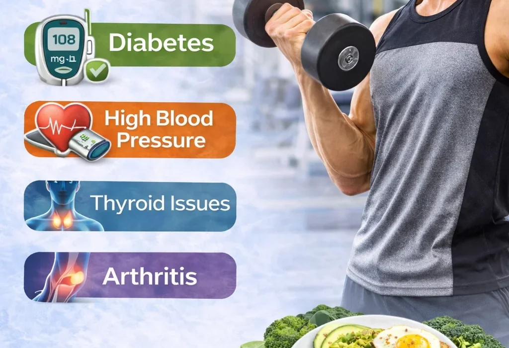 Infographic on exercising with health conditions, featuring diabetes, high blood pressure, thyroid issues, and arthritis.