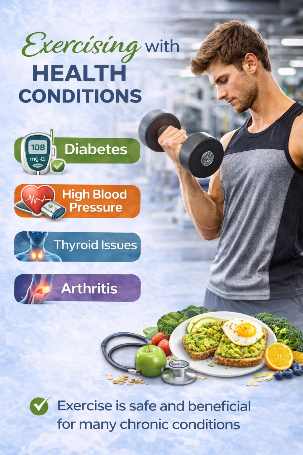 Infographic on exercising with health conditions, featuring diabetes, high blood pressure, thyroid issues, and arthritis.