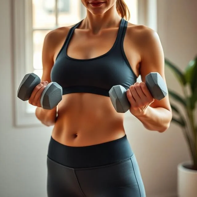 A close-up of a fit woman in black athletic wear performing bicep curls with two grey dumbbells, showcasing her toned abdominal muscles and athletic physique.