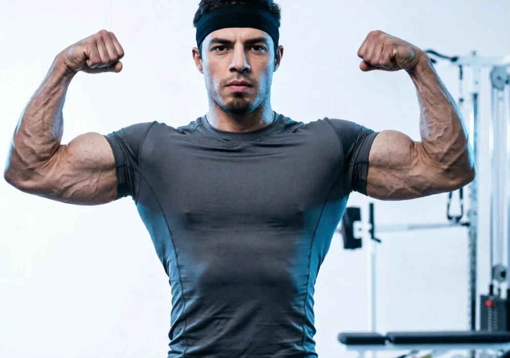 A muscular man in a gray athletic shirt and black headband flexing both biceps, with the metallic text "FITCORE" vertically aligned on the left side.