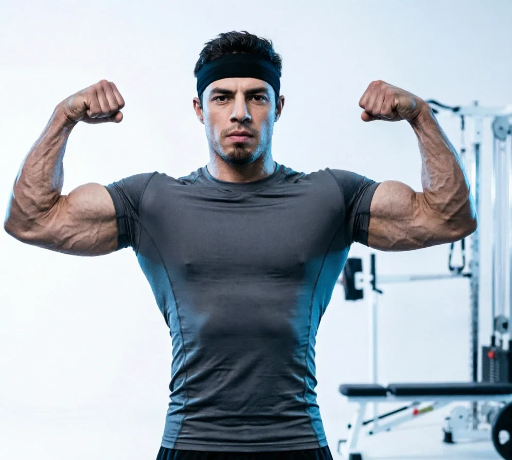 A muscular man in a gray athletic shirt and black headband flexing both biceps, with the metallic text "FITCORE" vertically aligned on the left side.
