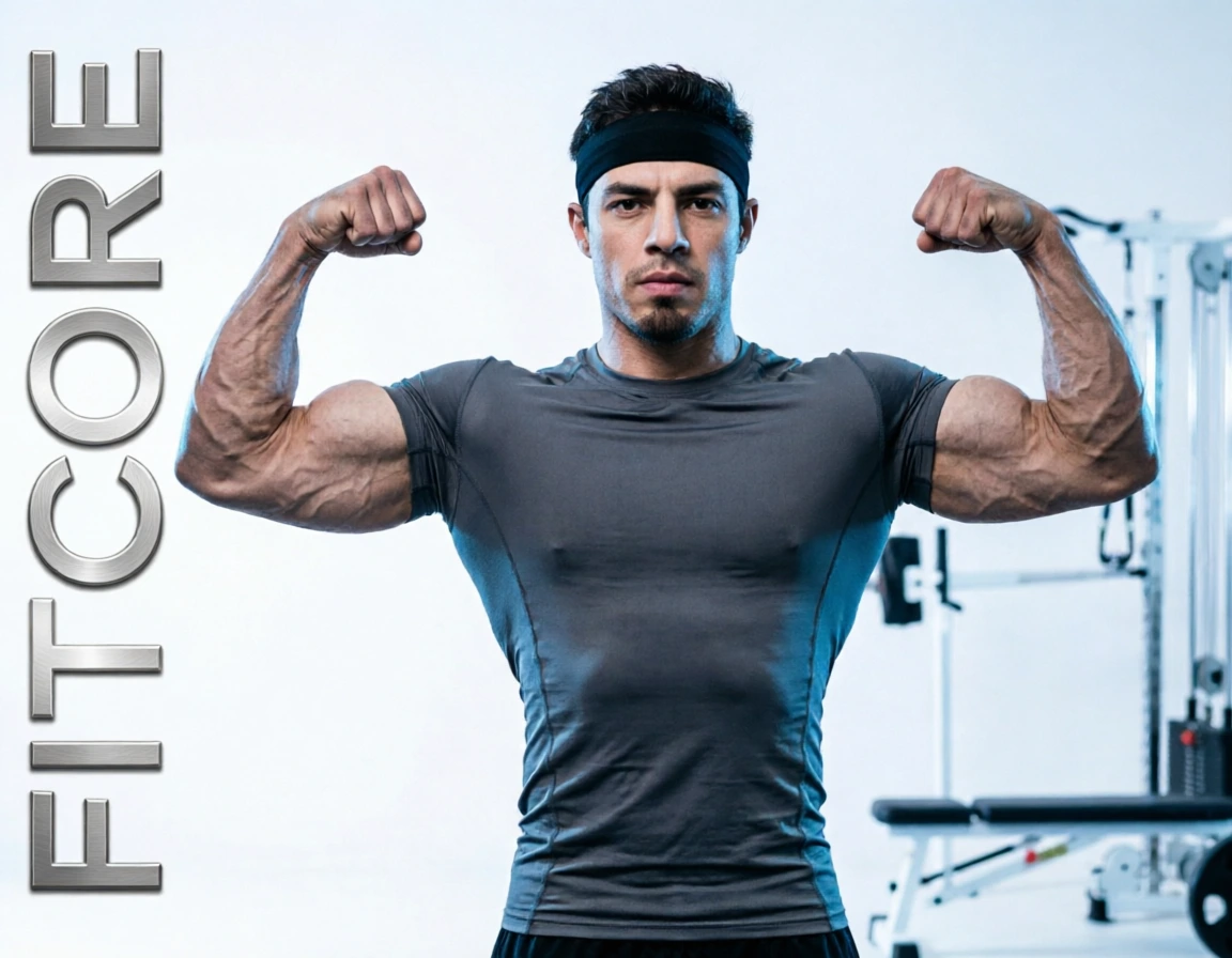 A muscular man in a gray athletic shirt and black headband flexing both biceps, with the metallic text "FITCORE" vertically aligned on the left side.