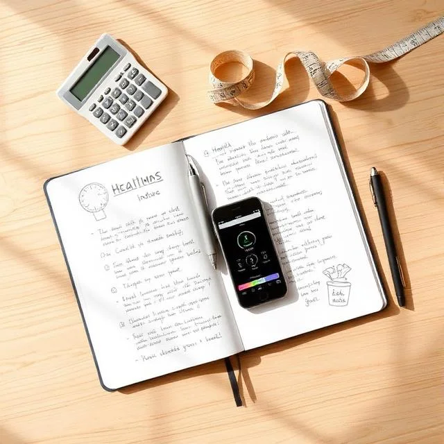 A top-down view of an open notebook with handwritten notes on health, a smartphone displaying a fitness app, a calculator, a measuring tape, and a pen on a light wooden desk.