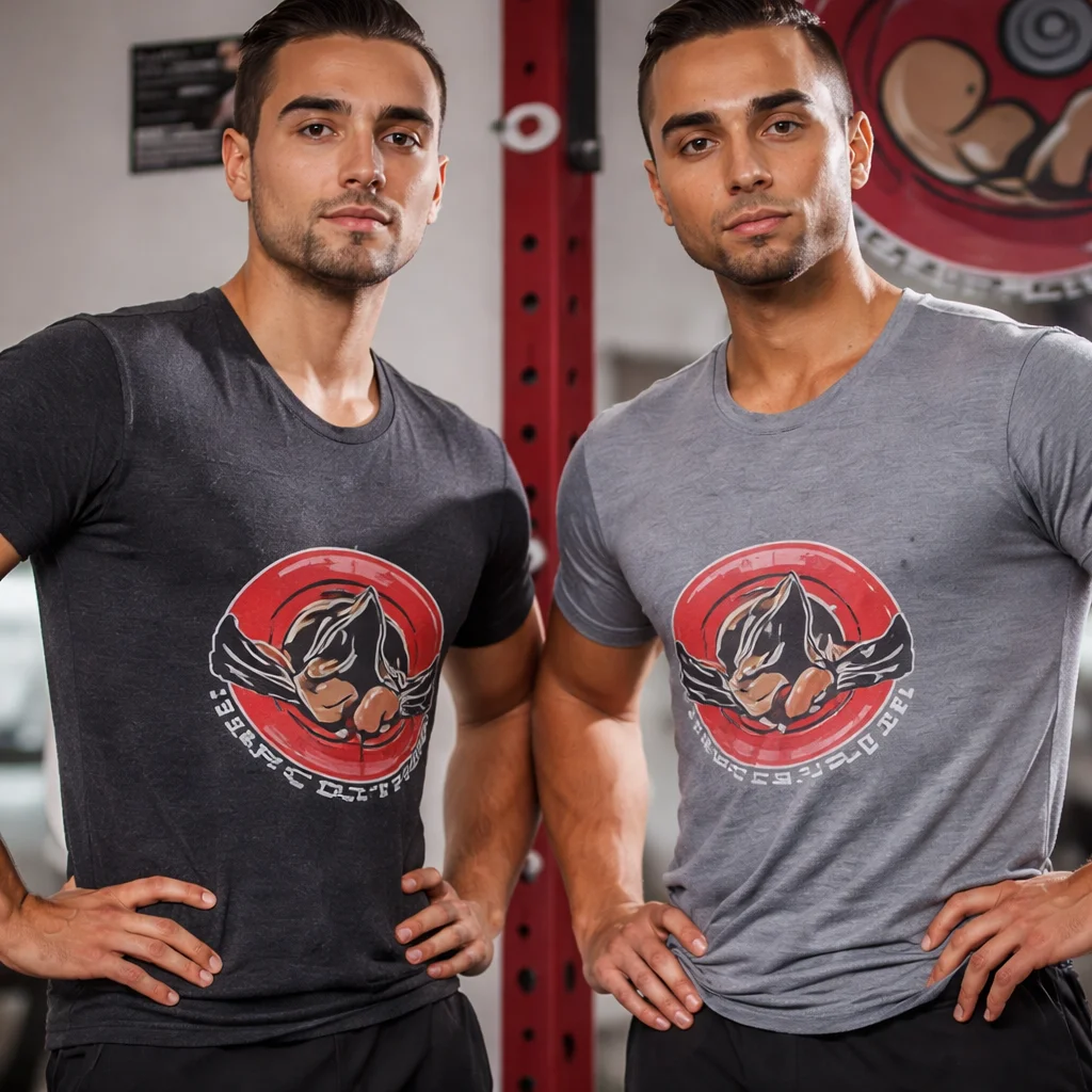 Two muscular men standing side-by-side in a gym, wearing fitted t-shirts (one charcoal, one light grey) featuring a circular red and black graphic logo on the chest.