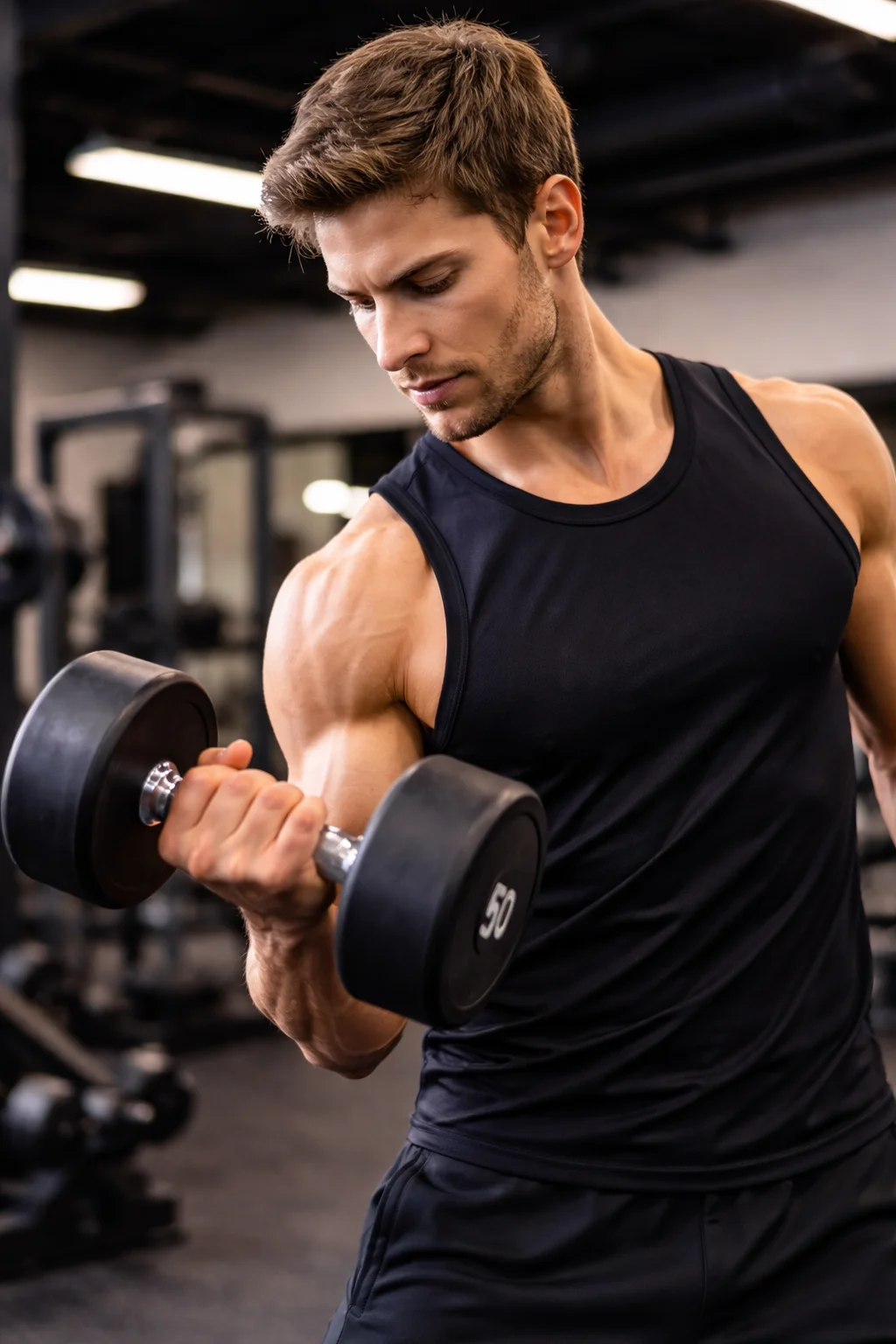 male lifting a 50 kg dumbbell during a focused strength workout in the gym