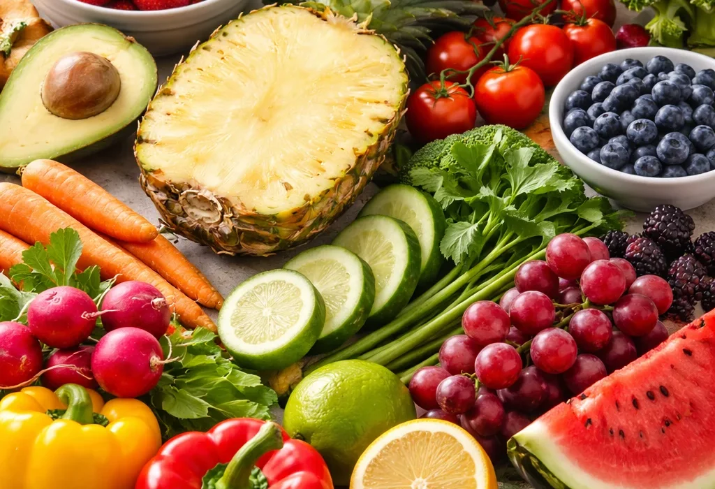 fresh fruits and vegetables including berries, pineapple, avocado, and peppers