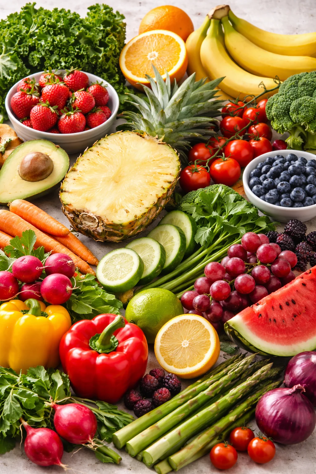 fresh fruits and vegetables including berries, pineapple, avocado, and peppers