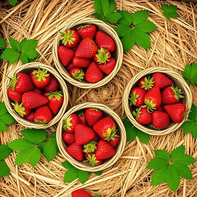 Top-down view of four small wicker baskets filled with ripe red strawberries, arranged on a bed of straw with green leaves.