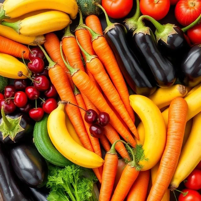 A dense, colorful arrangement of fresh produce featuring bright orange carrots, yellow bananas, dark purple eggplants, red cherries, and green leafy herbs.