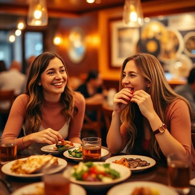 Two young women smiling and talking while sharing a variety of healthy dishes, including salads and grilled options, at a warm, dimly lit restaurant.
