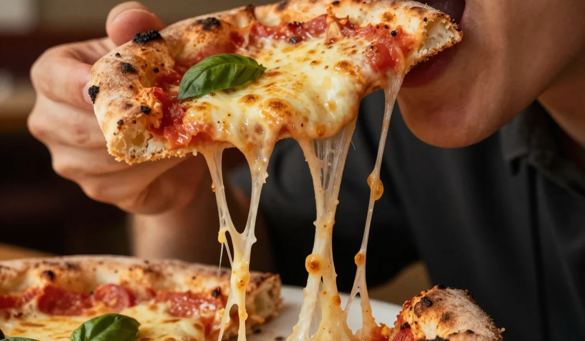 A close-up of a person taking a bite of a fresh Margherita pizza slice, featuring melting mozzarella cheese stretching from the crust and garnished with fresh basil leaves.