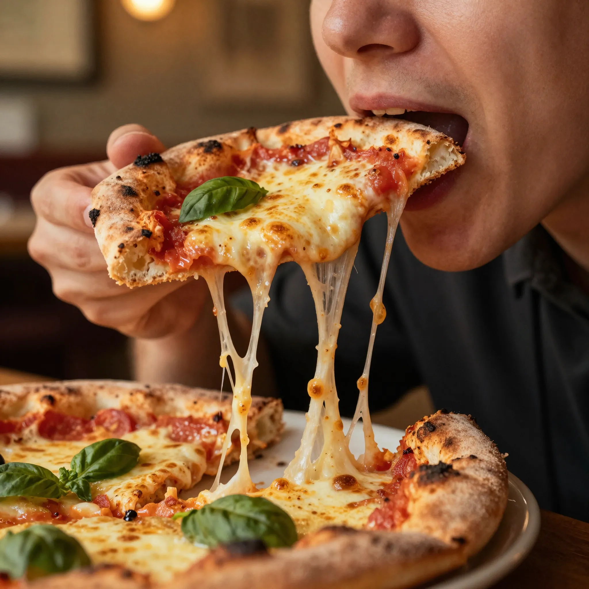 A close-up of a person taking a bite of a fresh Margherita pizza slice, featuring melting mozzarella cheese stretching from the crust and garnished with fresh basil leaves.