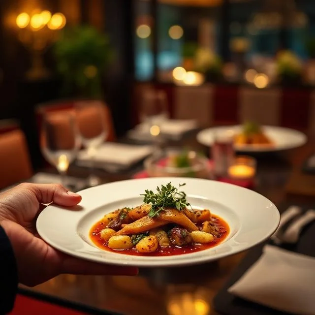 A hand holding a white plate of gourmet gnocchi in a rich tomato sauce topped with fresh herbs, in a dimly lit, upscale restaurant setting with blurred tables in the background.
