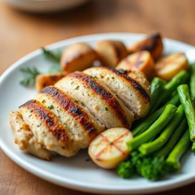 A white plate featuring a sliced, seasoned grilled chicken breast served with roasted golden potatoes and a side of fresh green asparagus.