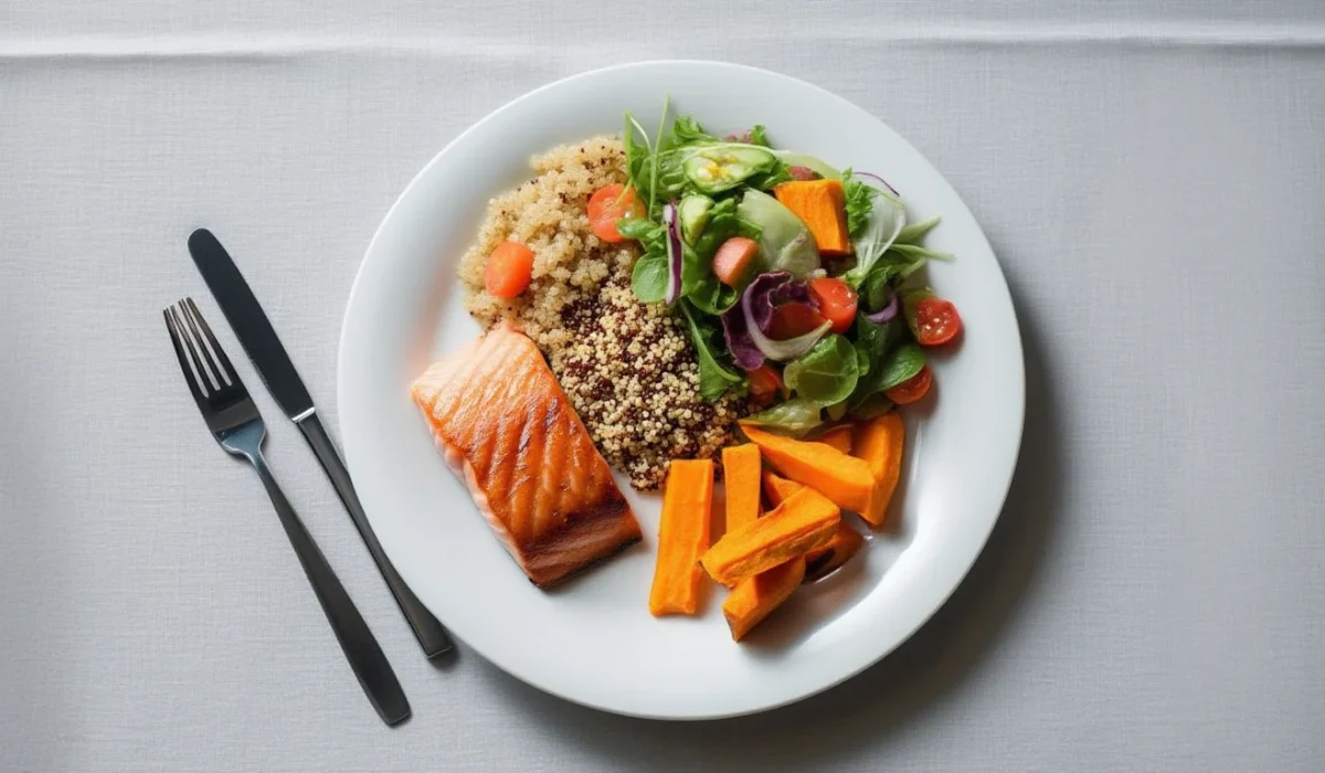 A top-down view of a white plate containing a grilled salmon fillet, a serving of quinoa, roasted sweet potato wedges, and a fresh garden salad with cherry tomatoes.