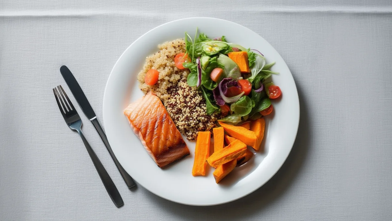 A top-down view of a white plate containing a grilled salmon fillet, a serving of quinoa, roasted sweet potato wedges, and a fresh garden salad with cherry tomatoes.
