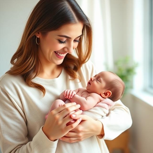 A smiling woman with long brown hair wearing a white sweater, tenderly cradling a sleeping newborn baby in her arms.