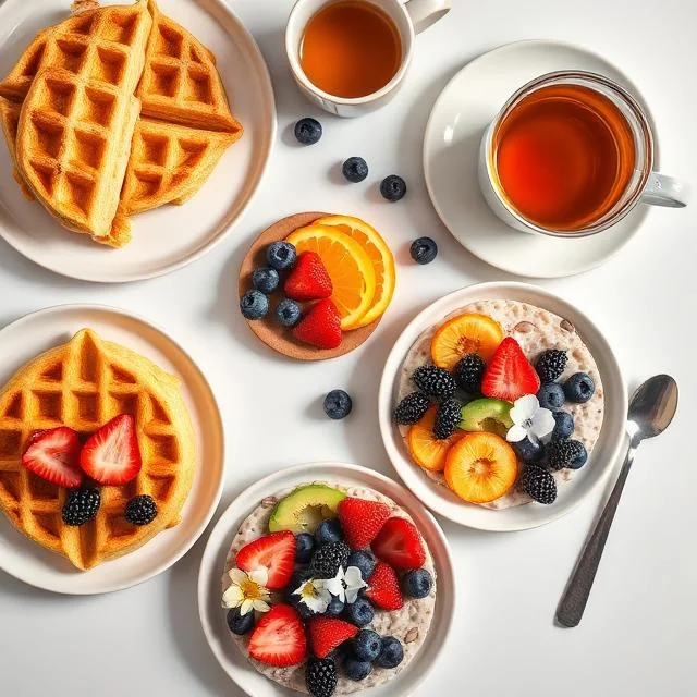A top-down view of a breakfast spread featuring golden waffles topped with berries, two bowls of oatmeal with fresh fruit, sliced oranges, and cups of tea on a white surface.