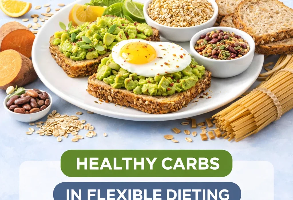 Healthy carbs in flexible dieting infographic showcasing whole grain bread, brown rice, quinoa, oats, and beans.